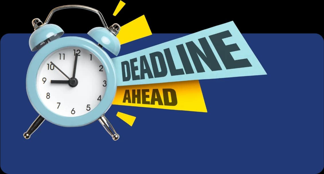 An alarm clock beside a deadline banner