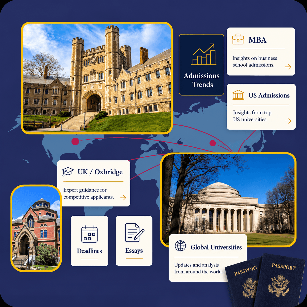 Campus photographs and admissions topic cards over a world map